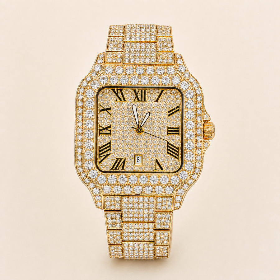 Men’s gold rounded-square Roman-numeral quartz watch — premium product view 1