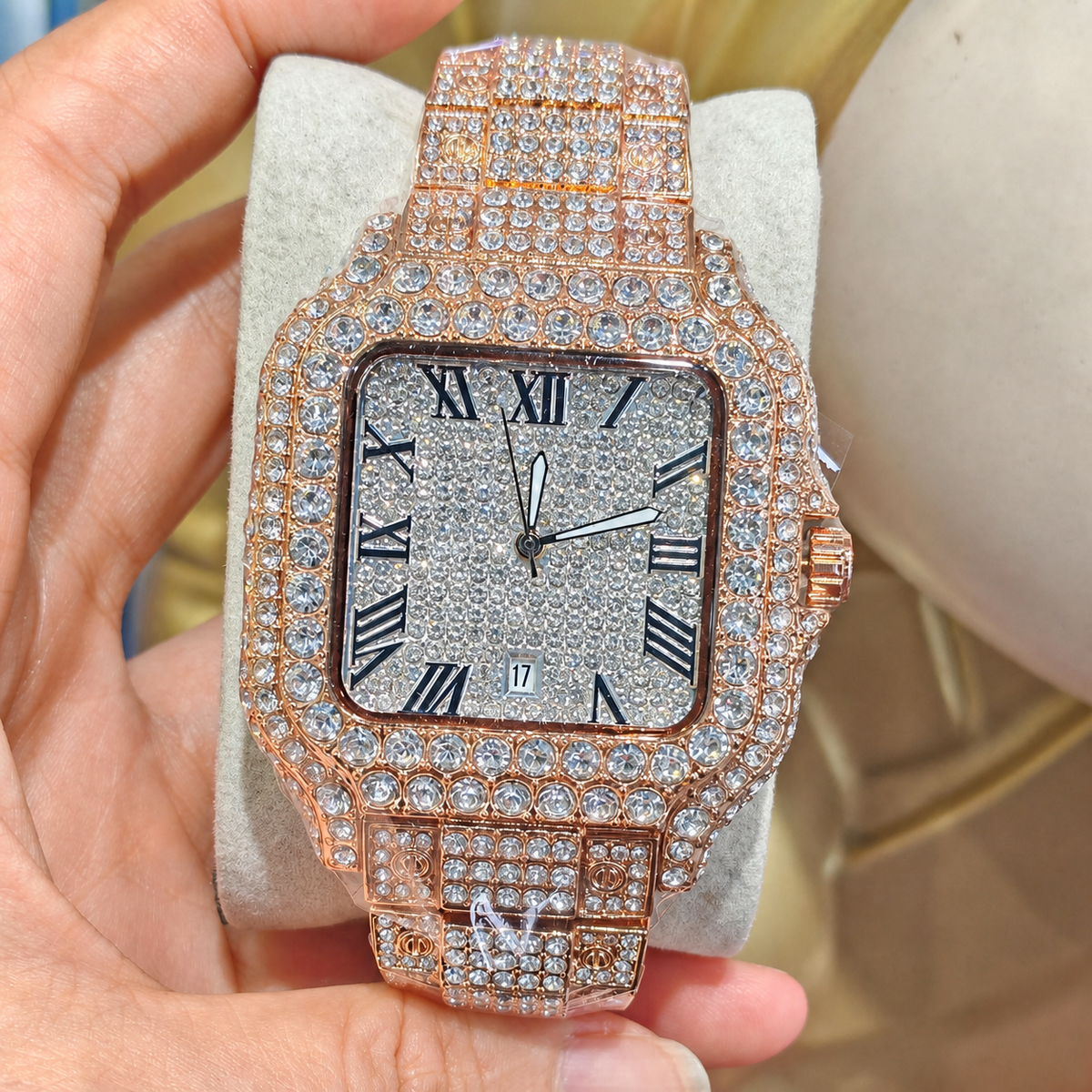 Men’s gold rounded-square Roman-numeral quartz watch — premium product view 2