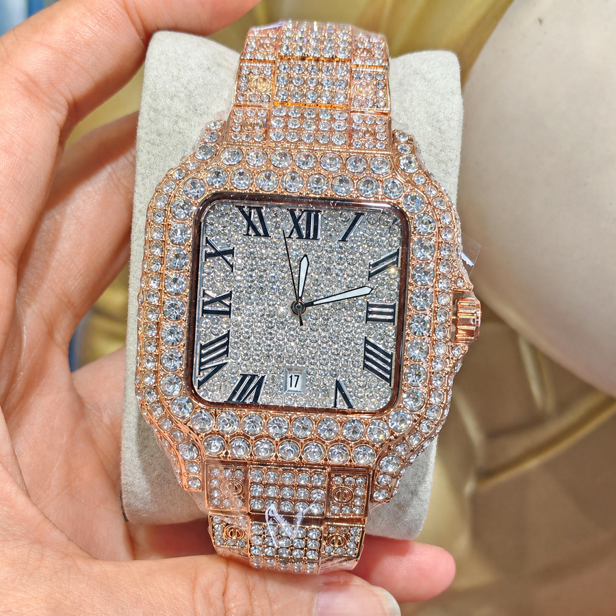 Men’s gold rounded-square Roman-numeral quartz watch — premium product view 2