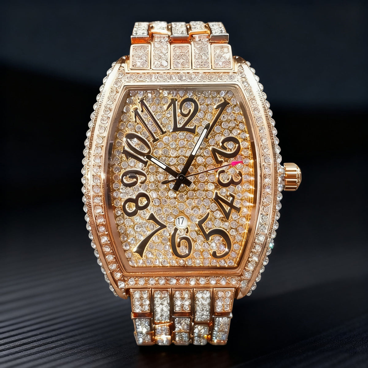 Men’s Tonneau Arabic-Numeral Quartz Watch — rose-gold-tone configuration