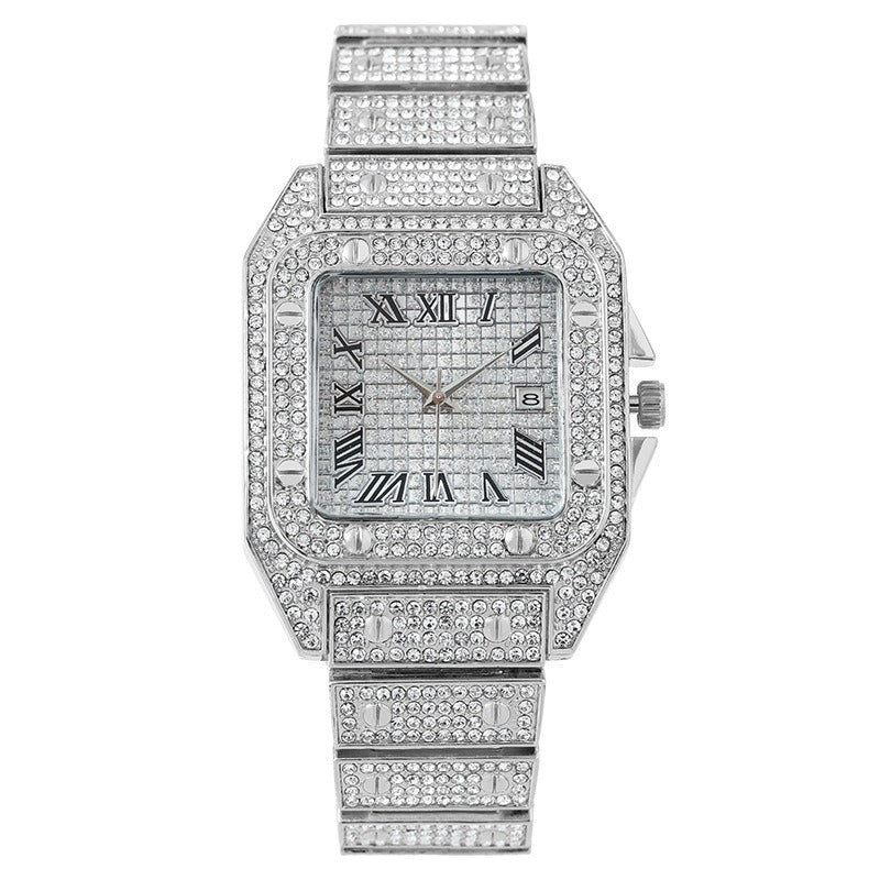 Men’s Stepped-Case Roman Calendar Quartz Watch — silver-tone configuration