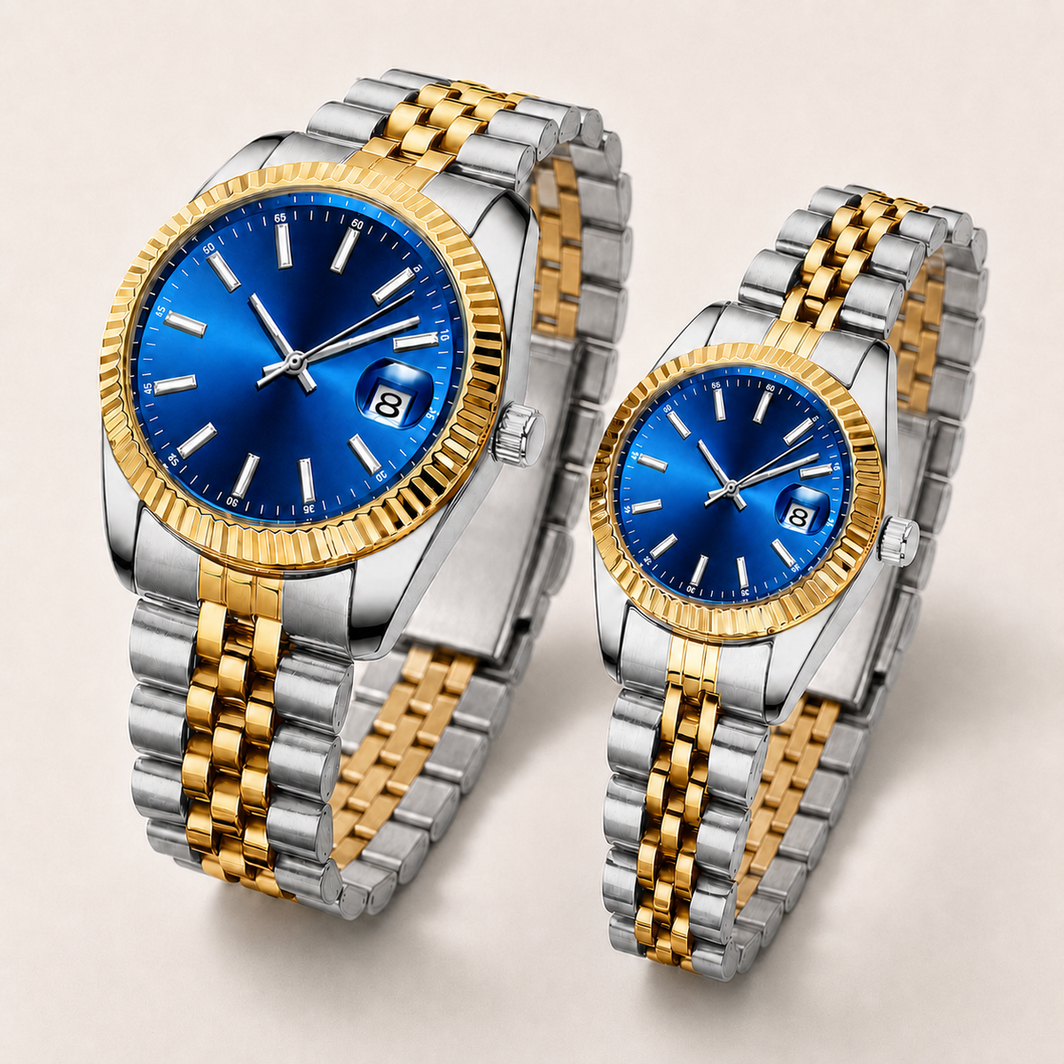 Couples' ribbed-bezel calendar watch — premium V2 view 2
