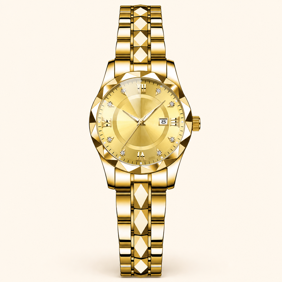 Women’s Faceted-Link Calendar Quartz Watch — Gold / Gold Dial / Women, product photo 01