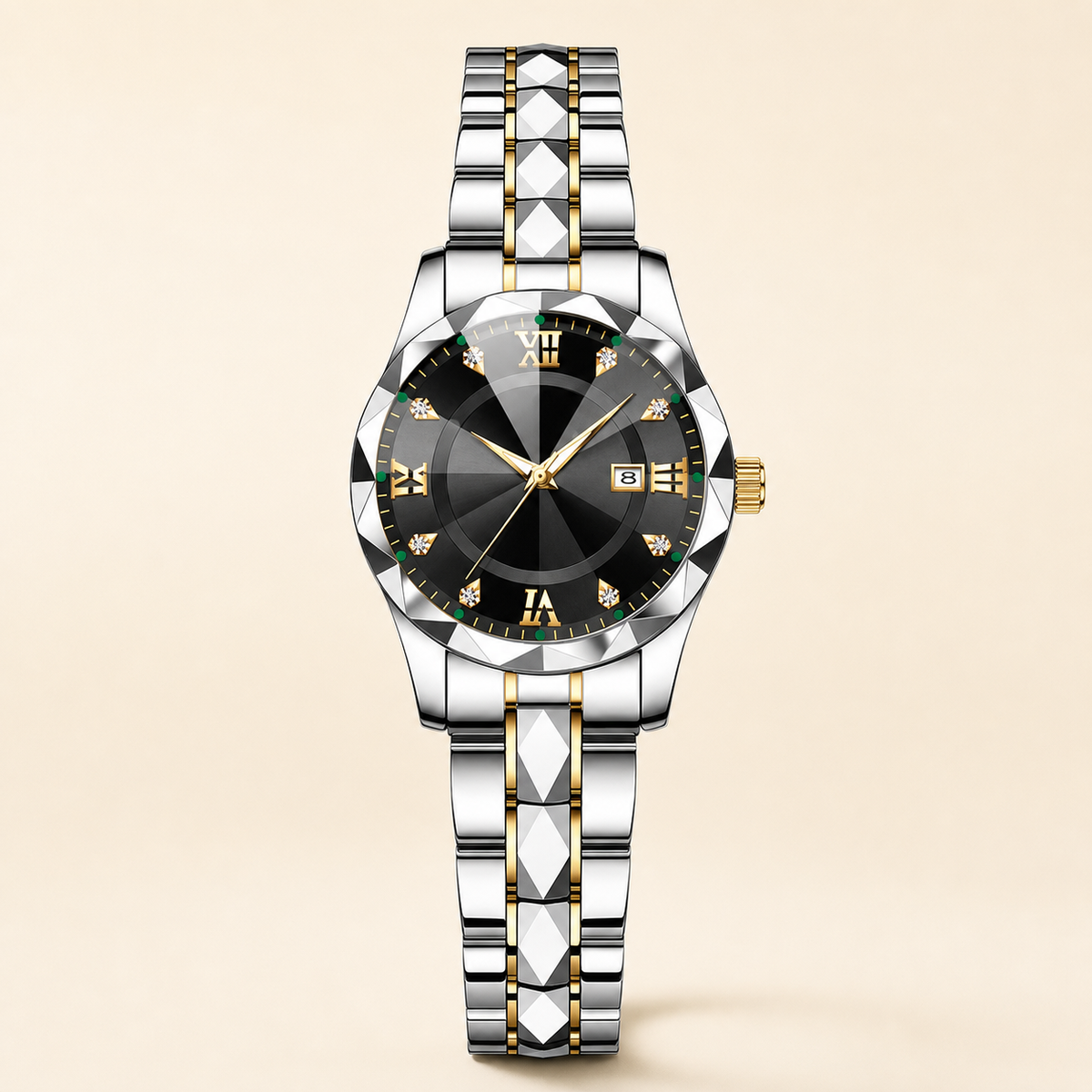 Women’s Faceted-Link Calendar Quartz Watch — Gold Tone / Black Dial / Women, product photo 05