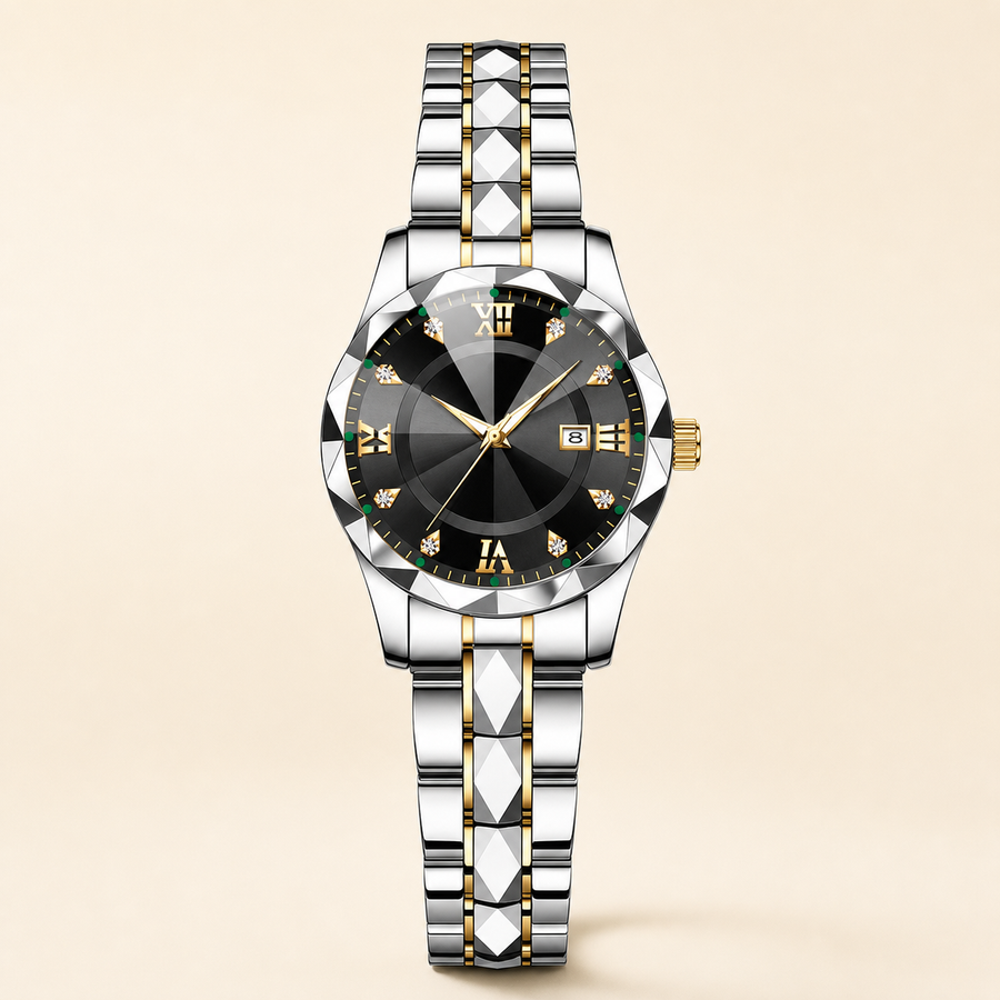 Women’s Faceted-Link Calendar Quartz Watch — Gold Tone / Black Dial / Women, product photo 05