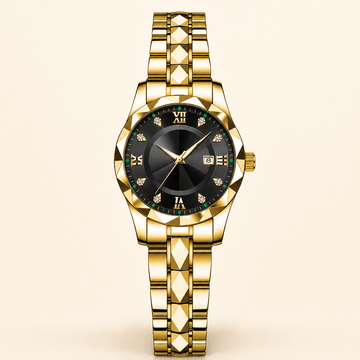 Women’s Faceted-Link Calendar Quartz Watch — Gold / Black Dial / Women, product photo 06