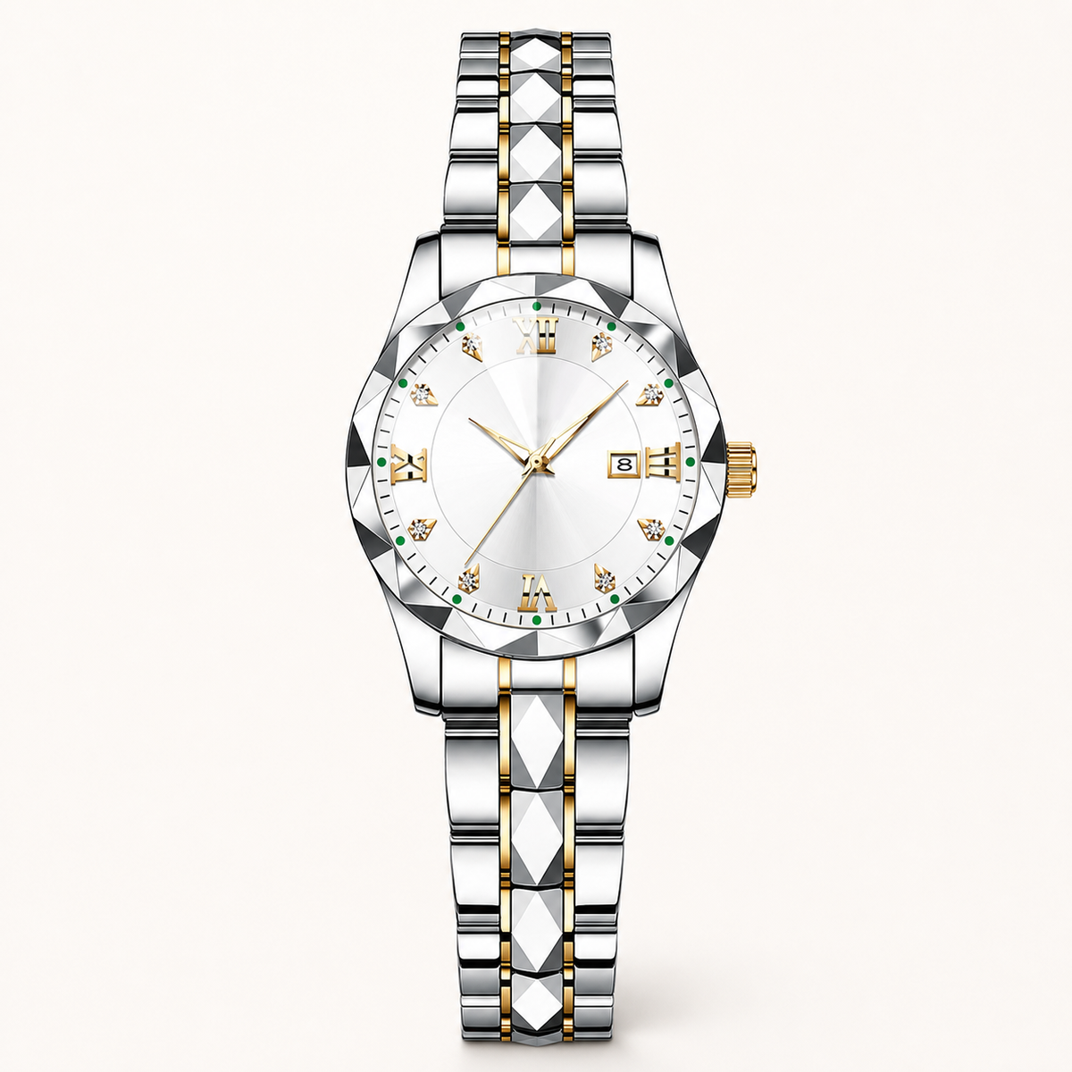 Women’s Faceted-Link Calendar Quartz Watch — Gold Tone / White Dial / Women, product photo 08