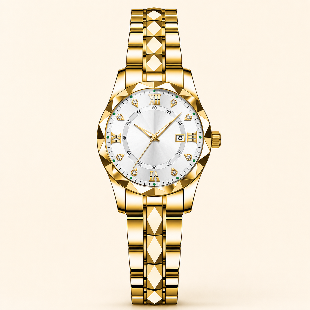 Women’s Faceted-Link Calendar Quartz Watch — Gold / White Dial / Women, product photo 10