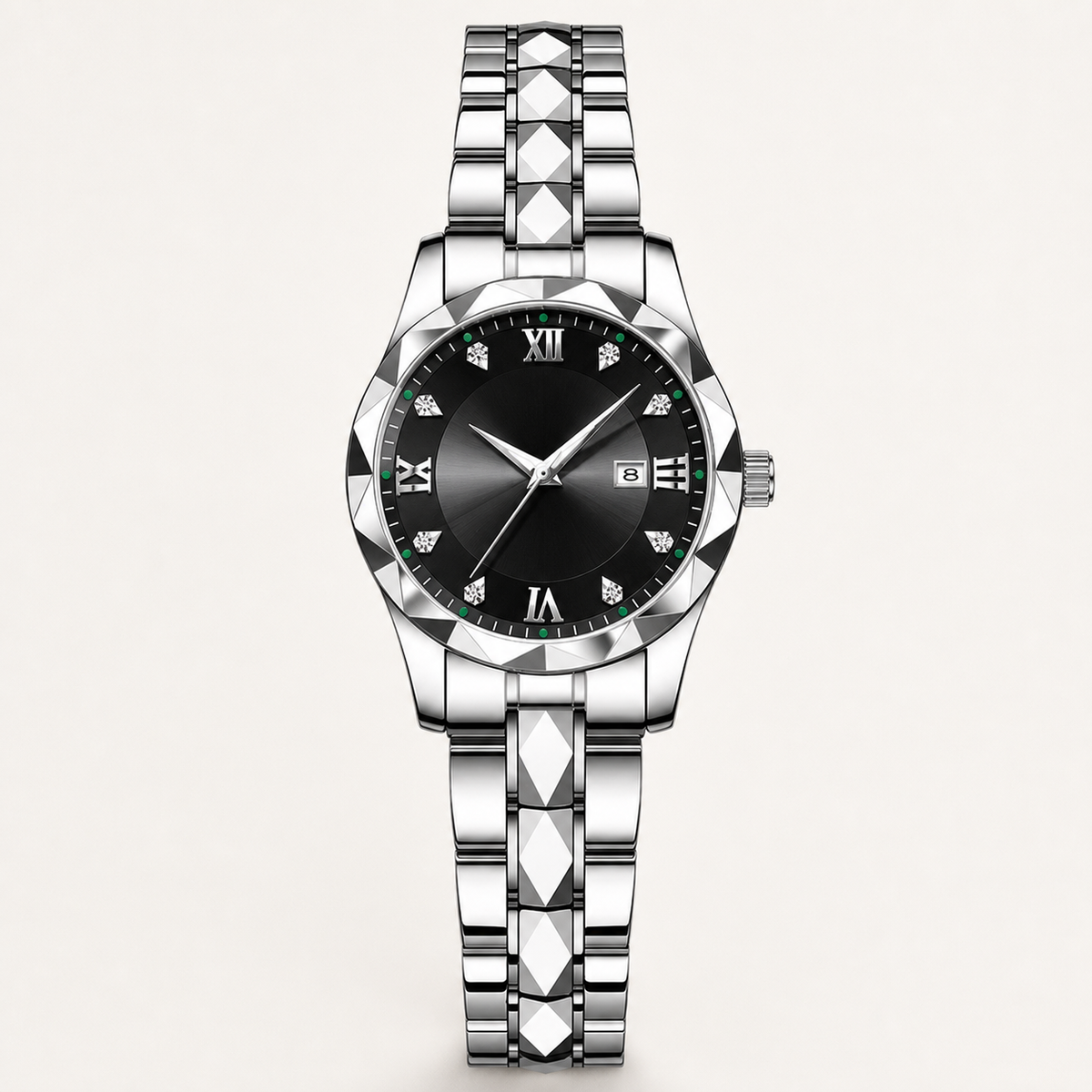 Women’s Faceted-Link Calendar Quartz Watch — Silver / Black Dial / Women, product photo 11
