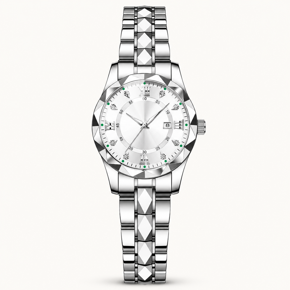 Women’s Faceted-Link Calendar Quartz Watch — Silver / White Dial / Women, product photo 12