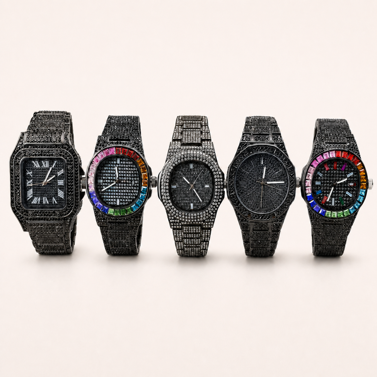 Five black embellished quartz watches in distinct dial styles, front group view