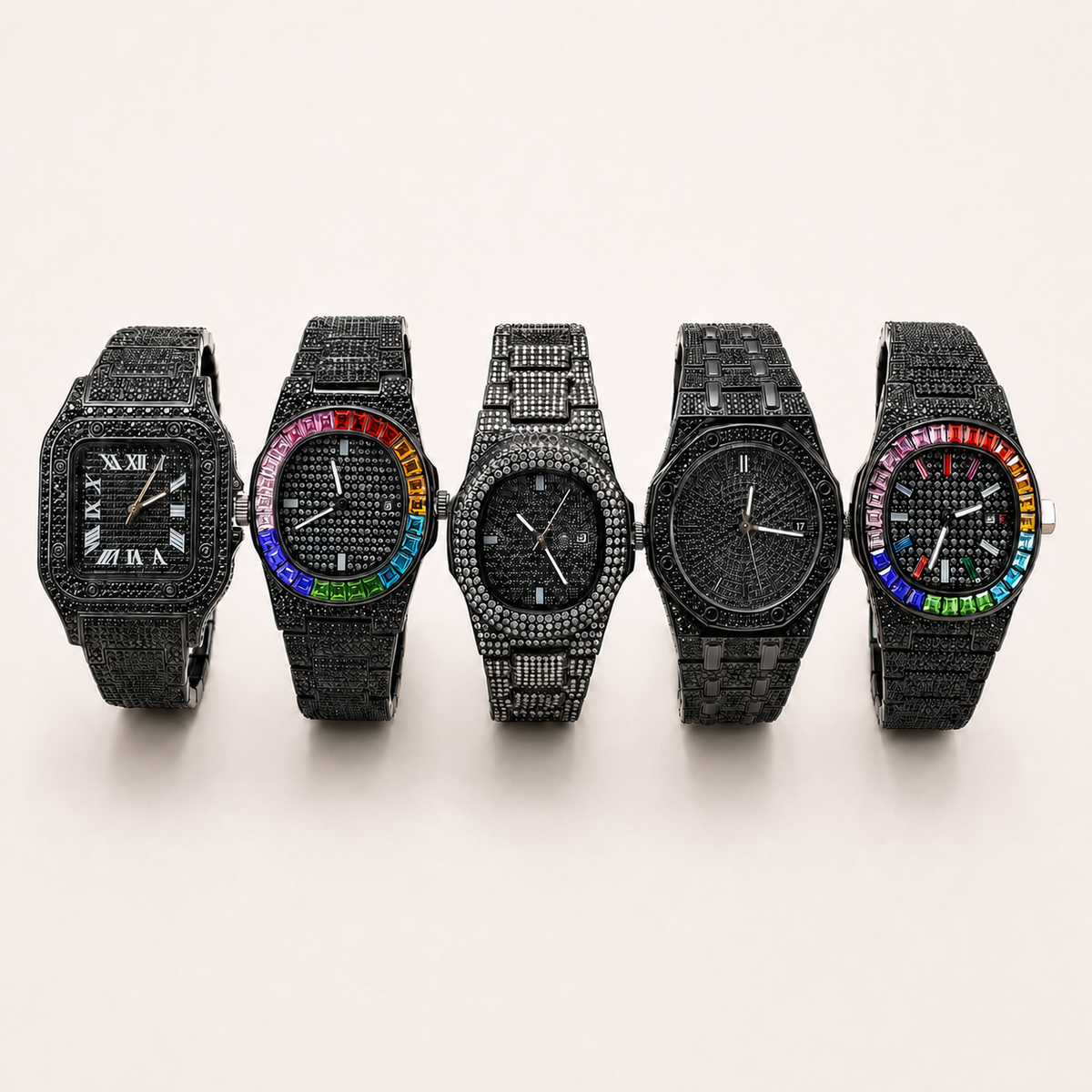 Five black embellished quartz watches, alternate front group view