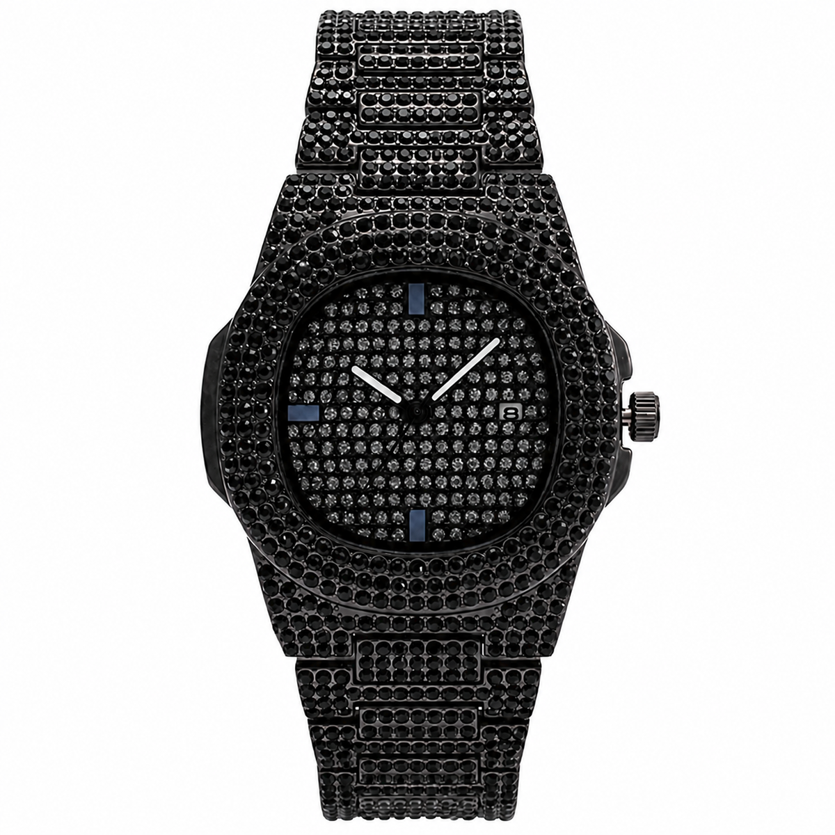 Black crystal-encrusted round quartz watch, front view