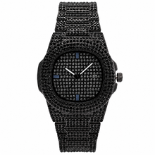 Black crystal-encrusted round quartz watch, front view