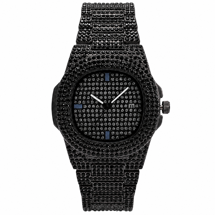 Black crystal-encrusted round quartz watch, front view