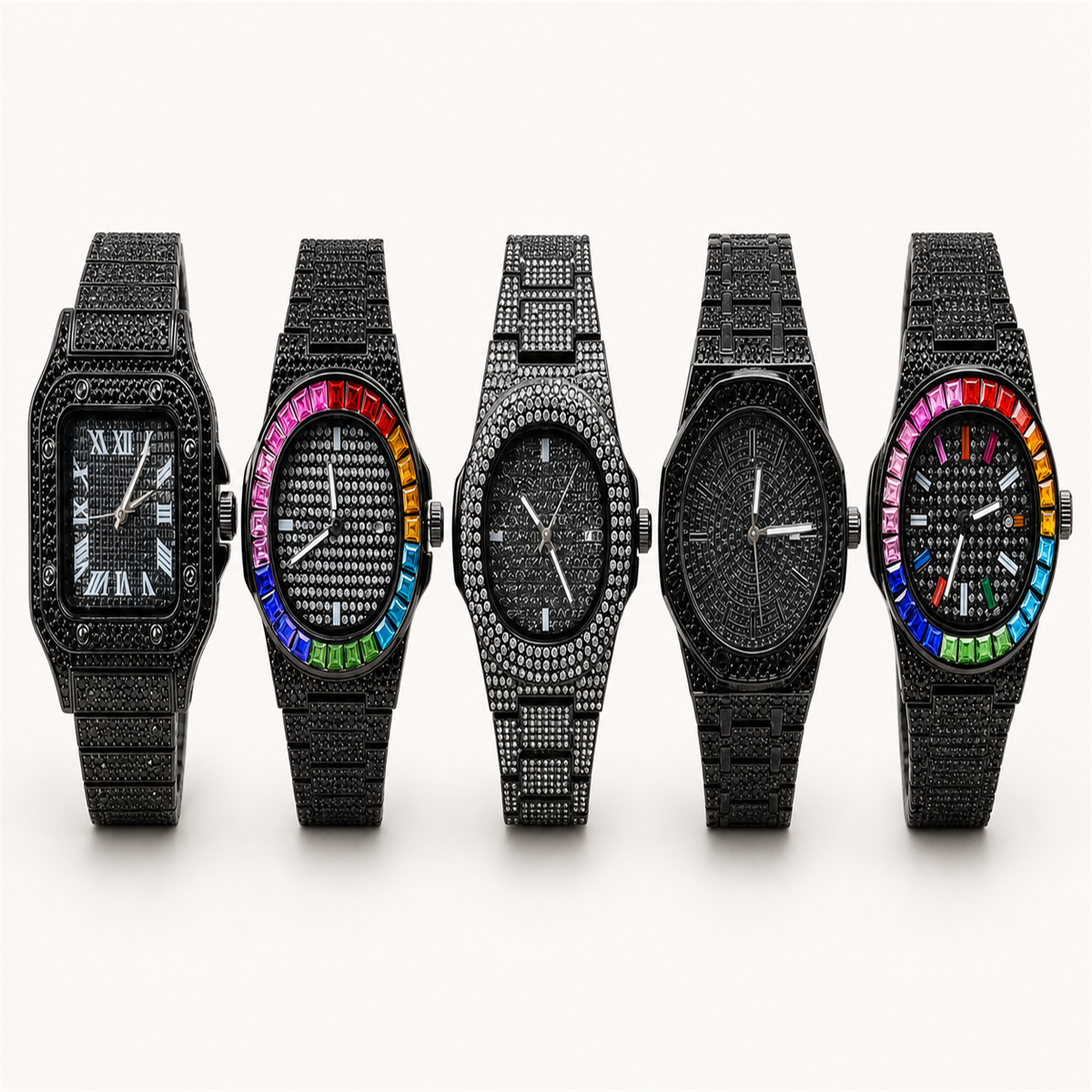 Five embellished quartz watches on a display stand, front group view