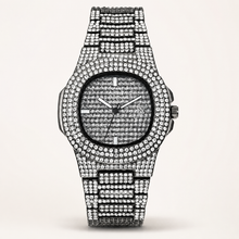 Silver crystal-encrusted round quartz watch, front view