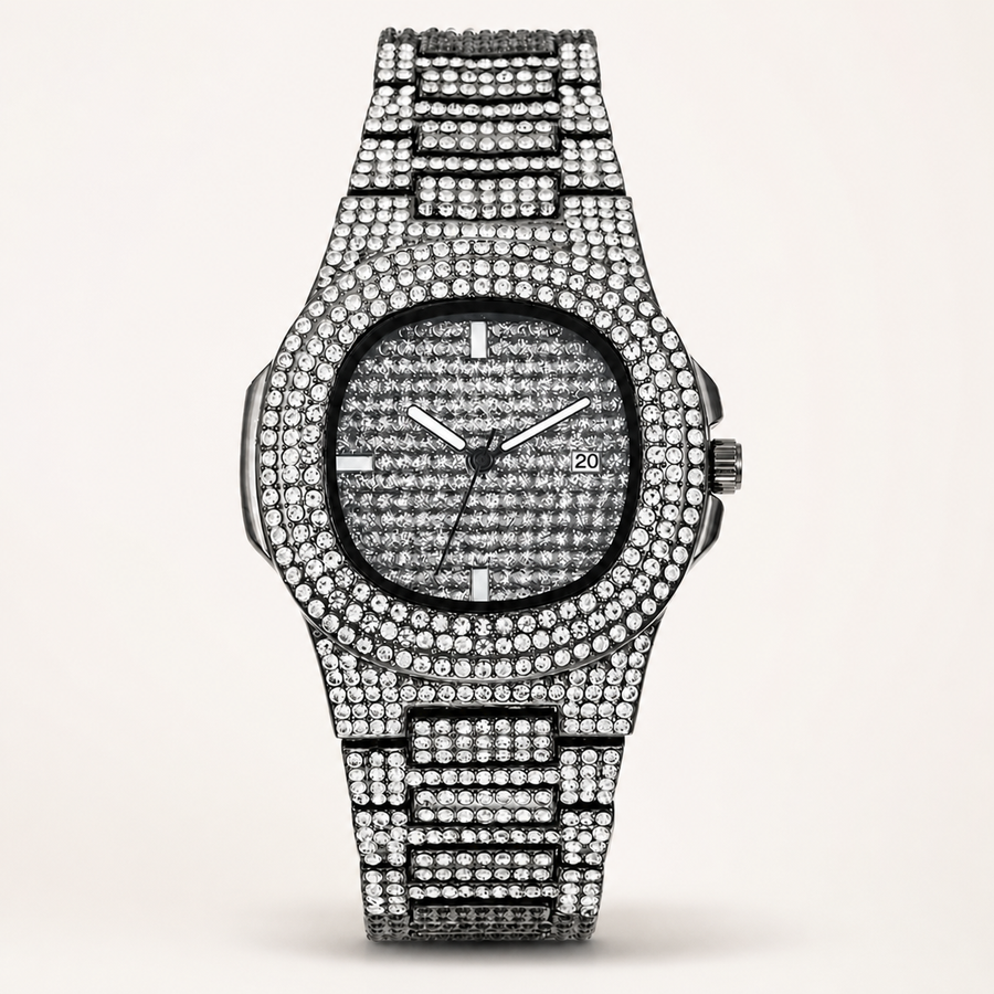 Silver crystal-encrusted round quartz watch, front view