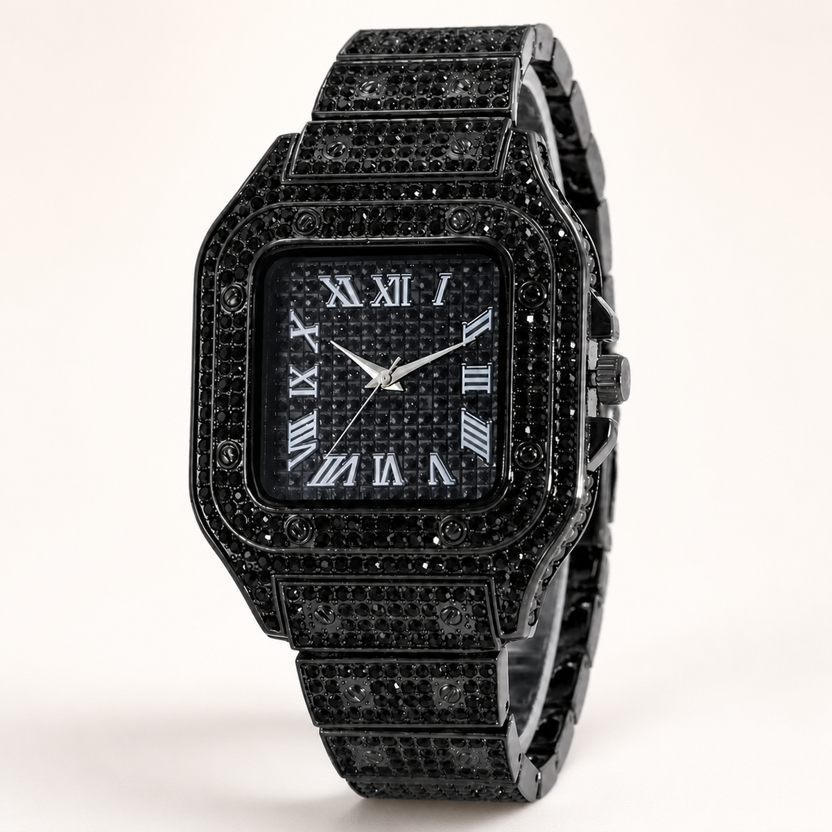 Black rectangular crystal-encrusted quartz watch with Roman-numeral dial, angled front view