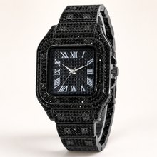 Black rectangular crystal-encrusted quartz watch with Roman-numeral dial, angled front view