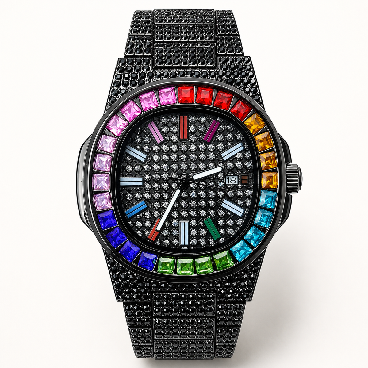 Black crystal-encrusted quartz watch with rainbow gemstone bezel, front view