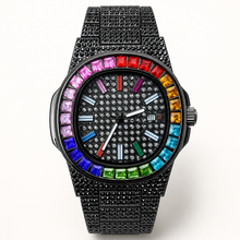 Black crystal-encrusted quartz watch with rainbow gemstone bezel, front view