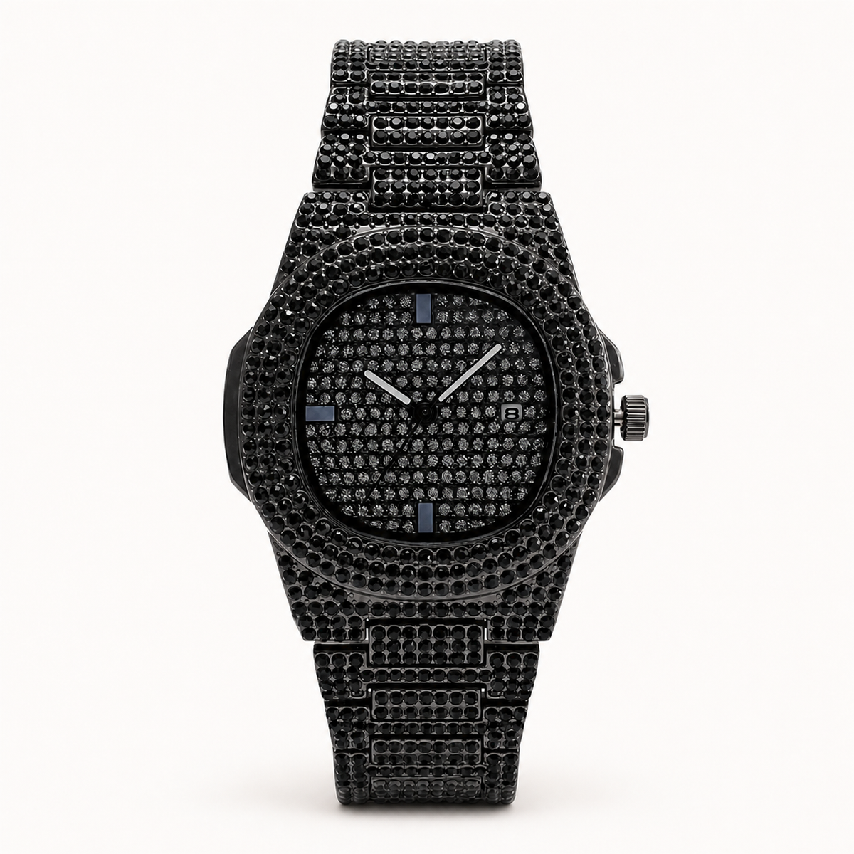 Black crystal-encrusted round quartz watch with dark dial, front view