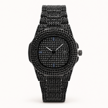 Black crystal-encrusted round quartz watch with dark dial, front view