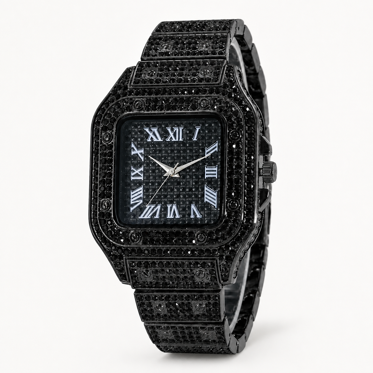 Black rectangular crystal-encrusted quartz watch with Roman-numeral dial, front view