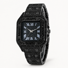 Black rectangular crystal-encrusted quartz watch with Roman-numeral dial, front view