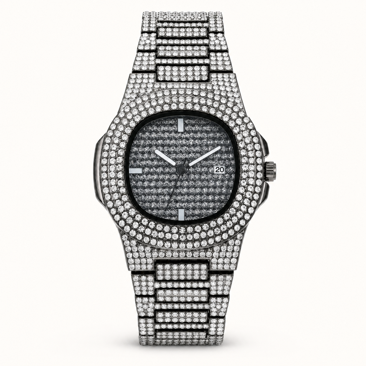Silver crystal-encrusted round quartz watch with dark dial, front view