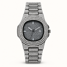 Silver crystal-encrusted round quartz watch with dark dial, front view