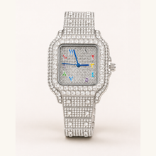 Silver-tone crystal square quartz watch, full front view
