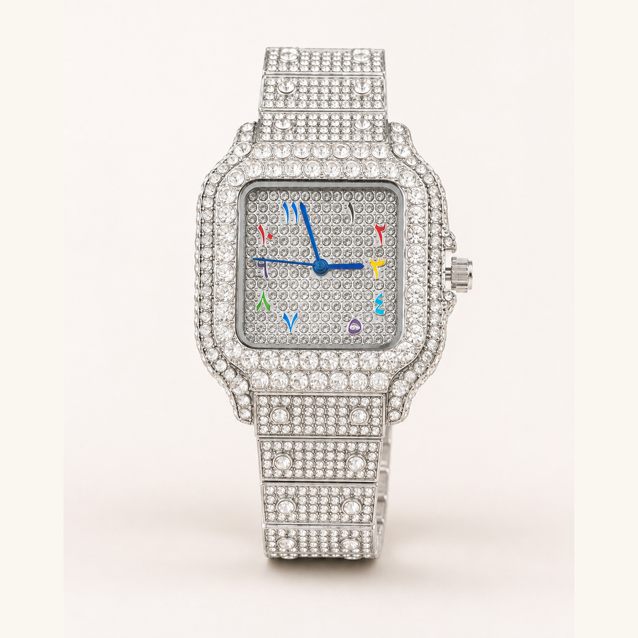 Silver-tone crystal square quartz watch, full front view