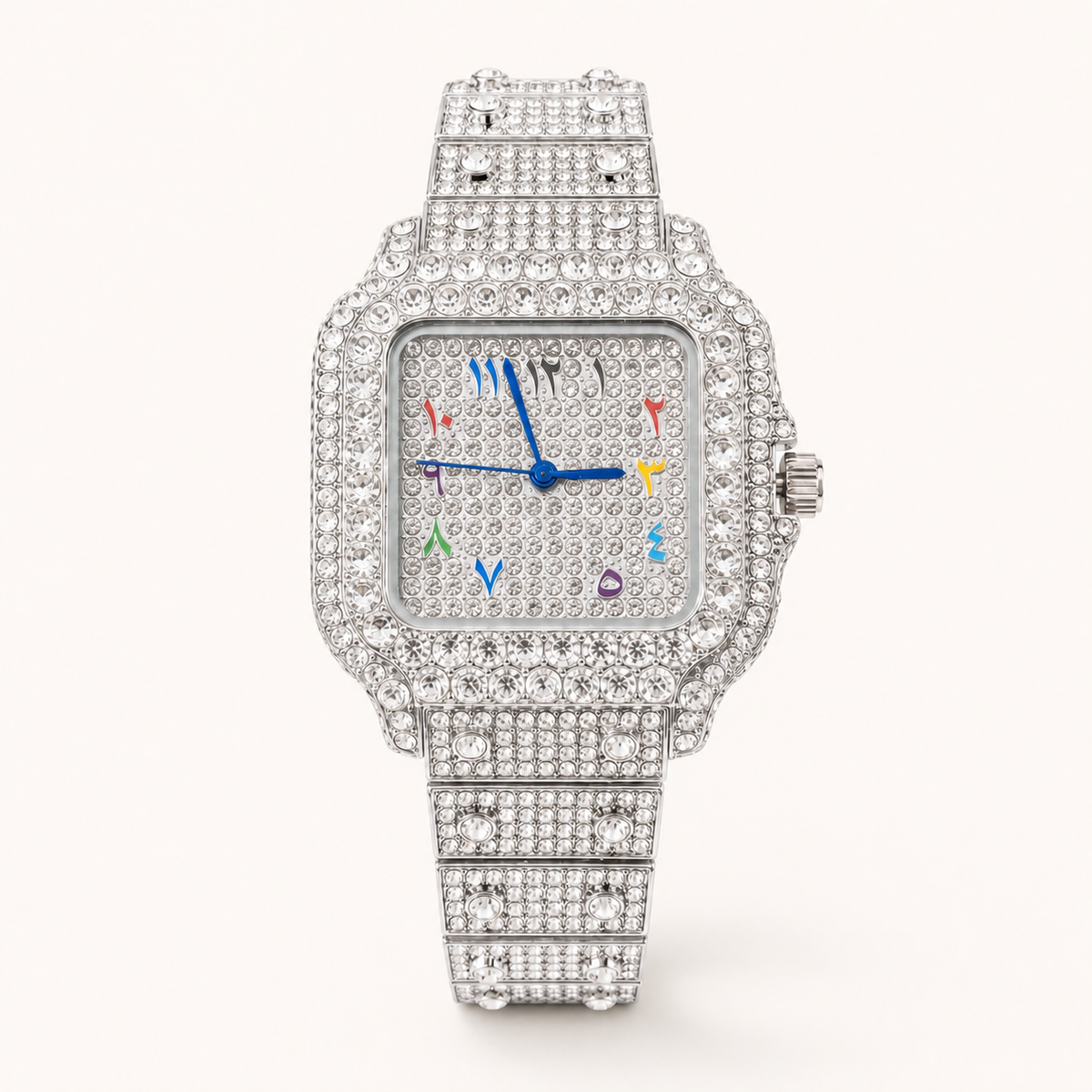 Silver-tone crystal square quartz watch, straight-on front view