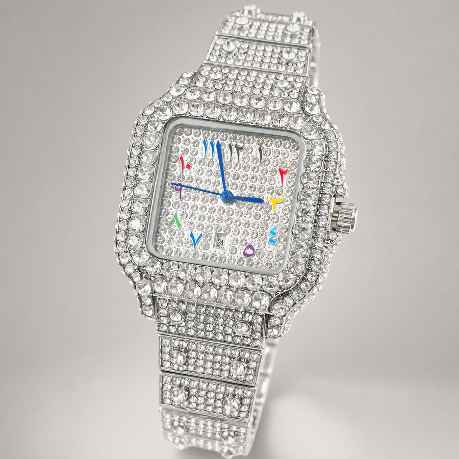 Silver-tone crystal square quartz watch, angled front view