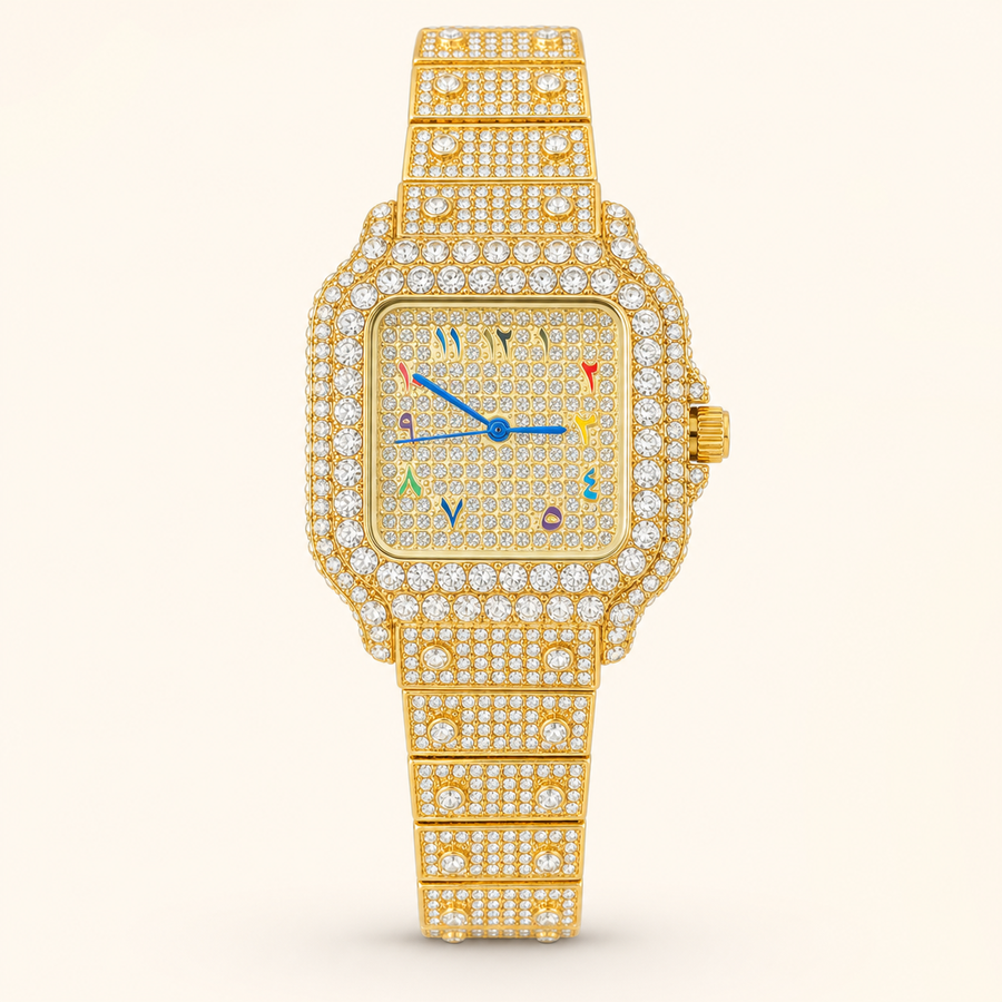 Gold-tone crystal square quartz watch, full front view