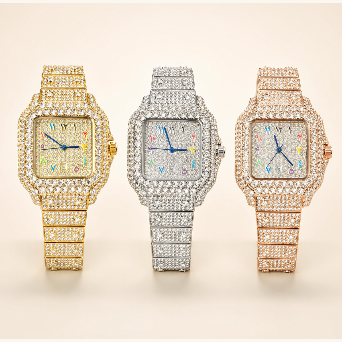 Silver, gold and rose-gold crystal square quartz watches, front group view