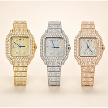Silver, gold and rose-gold crystal square quartz watches, front group view