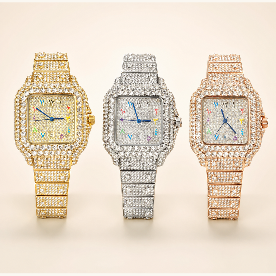 Silver, gold and rose-gold crystal square quartz watches, front group view