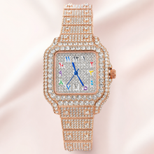 Rose-gold-tone crystal square quartz watch, close front view