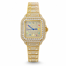 Gold-tone crystal square quartz watch, straight-on front view