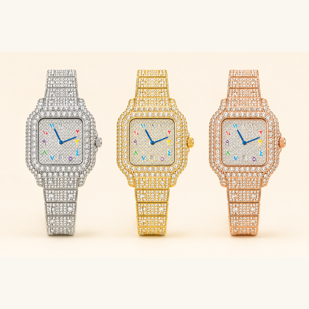 Silver, gold and rose-gold crystal square quartz watches, full front group view