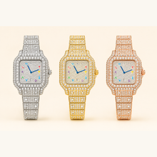 Silver, gold and rose-gold crystal square quartz watches, full front group view