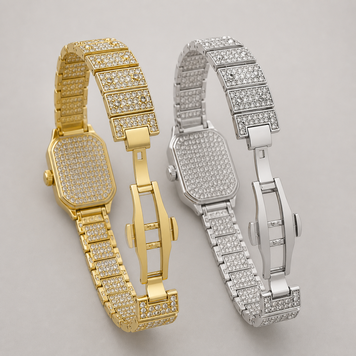 Gold-tone and silver-tone crystal square quartz watches, open bracelet view