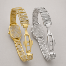 Gold-tone and silver-tone crystal square quartz watches, open bracelet view