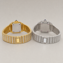 Gold-tone and silver-tone crystal square quartz watches, rear bracelet view