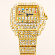 Gold-tone crystal square quartz watch, dial close-up
