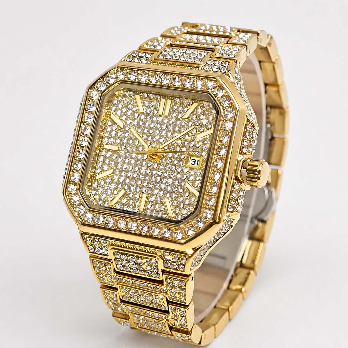 Men’s Stepped-Link Square Quartz Watch — Gold professional studio front view
