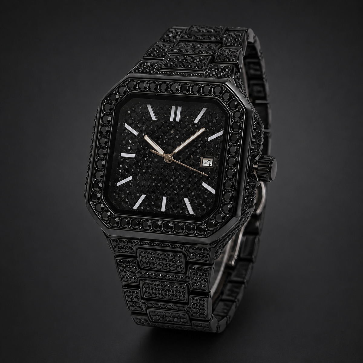 Men’s Stepped-Link Square Quartz Watch — Black professional studio front view